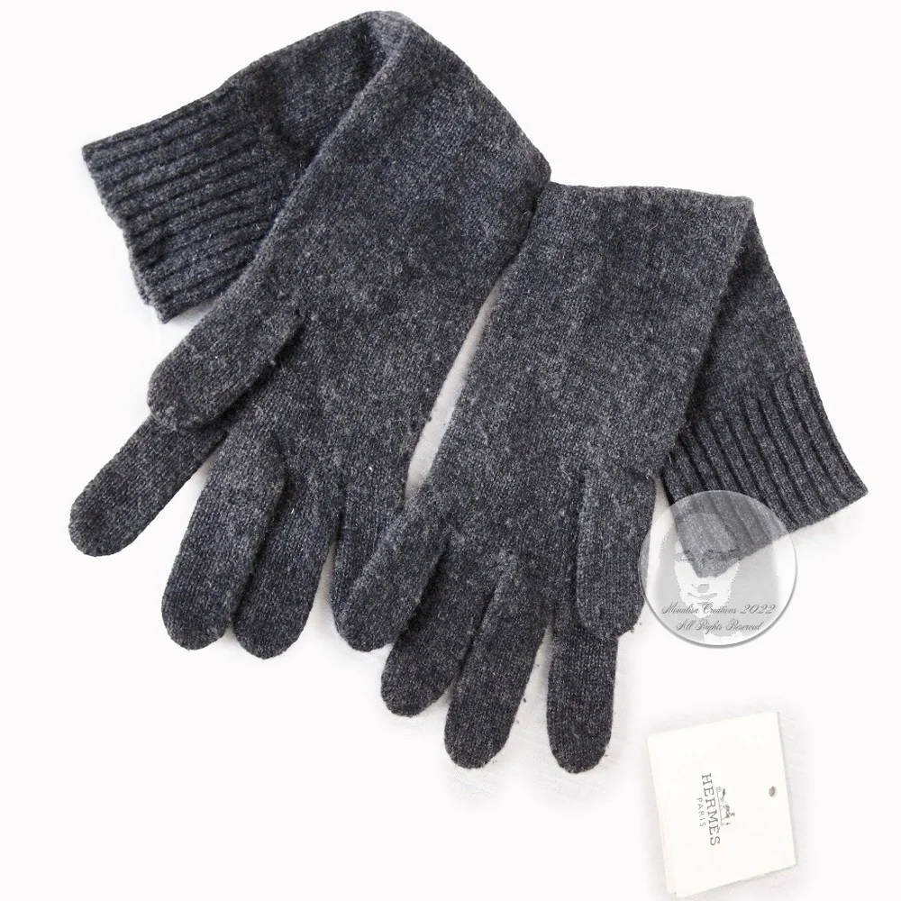 Hermes Gloves Ladies Cashmere Wool Knit Gris Charcoal Gray Soft Luxury Sz 00